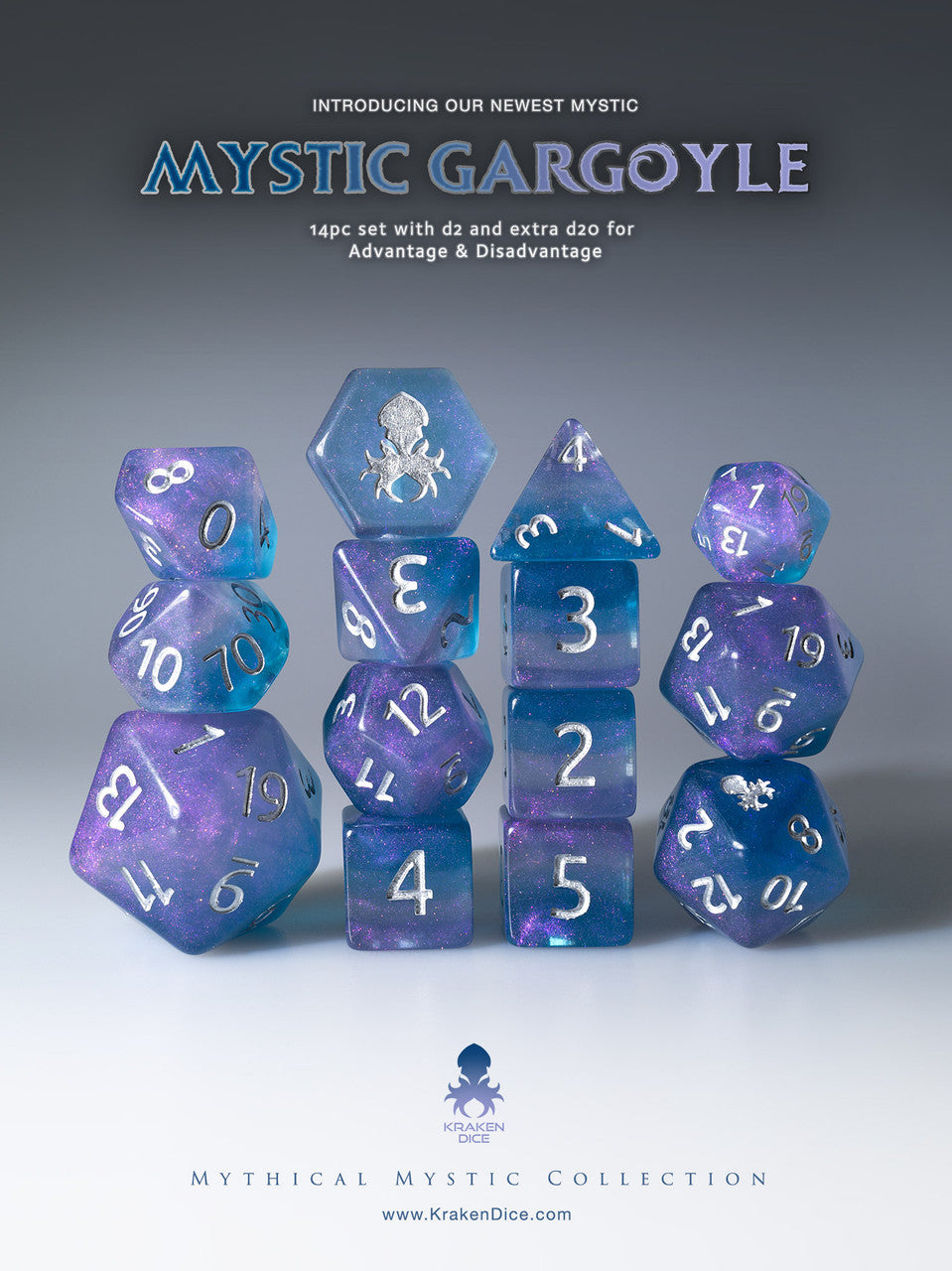 Mystic Gargoyle 14pc Silver Ink Dice Set With Kraken Logo